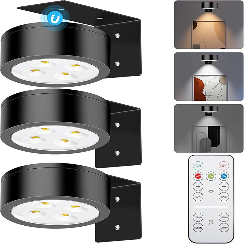 Magnetic Battery Operated Dimmable Art Wall Lights with Remote 3 Pack