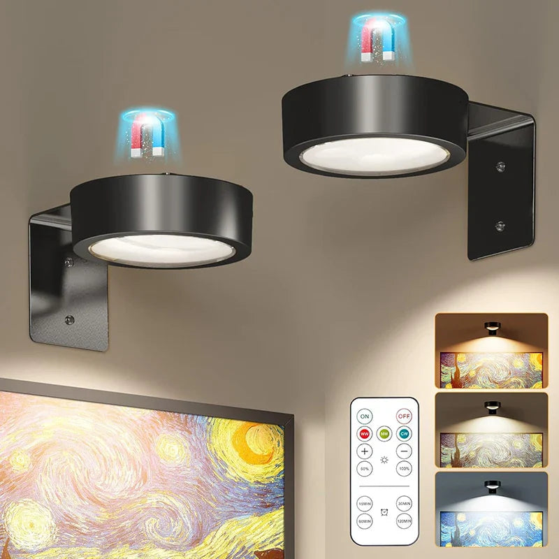 Magnetic Battery Operated Dimmable Art Wall Lights with Remote 3 Pack