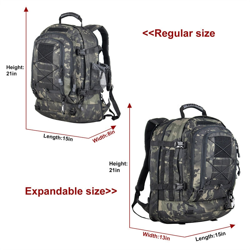 60L Military Tactical Backpack, Expandable Waterproof Rucksack for Hiking, Camping, Travel, & Outdoor Use