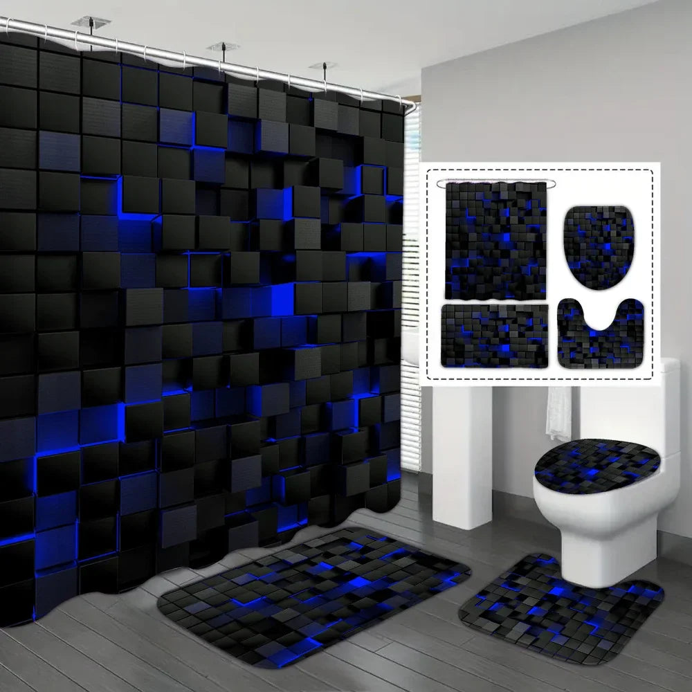 Waterproof Blue and Black Shower Curtain and Bathroom Mat Set 4-Piece