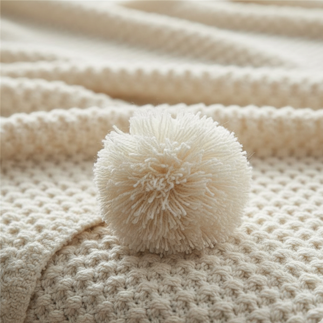 Scandinavian Waffle Knit Throw Blanket with Playful Pom Pom Tassels