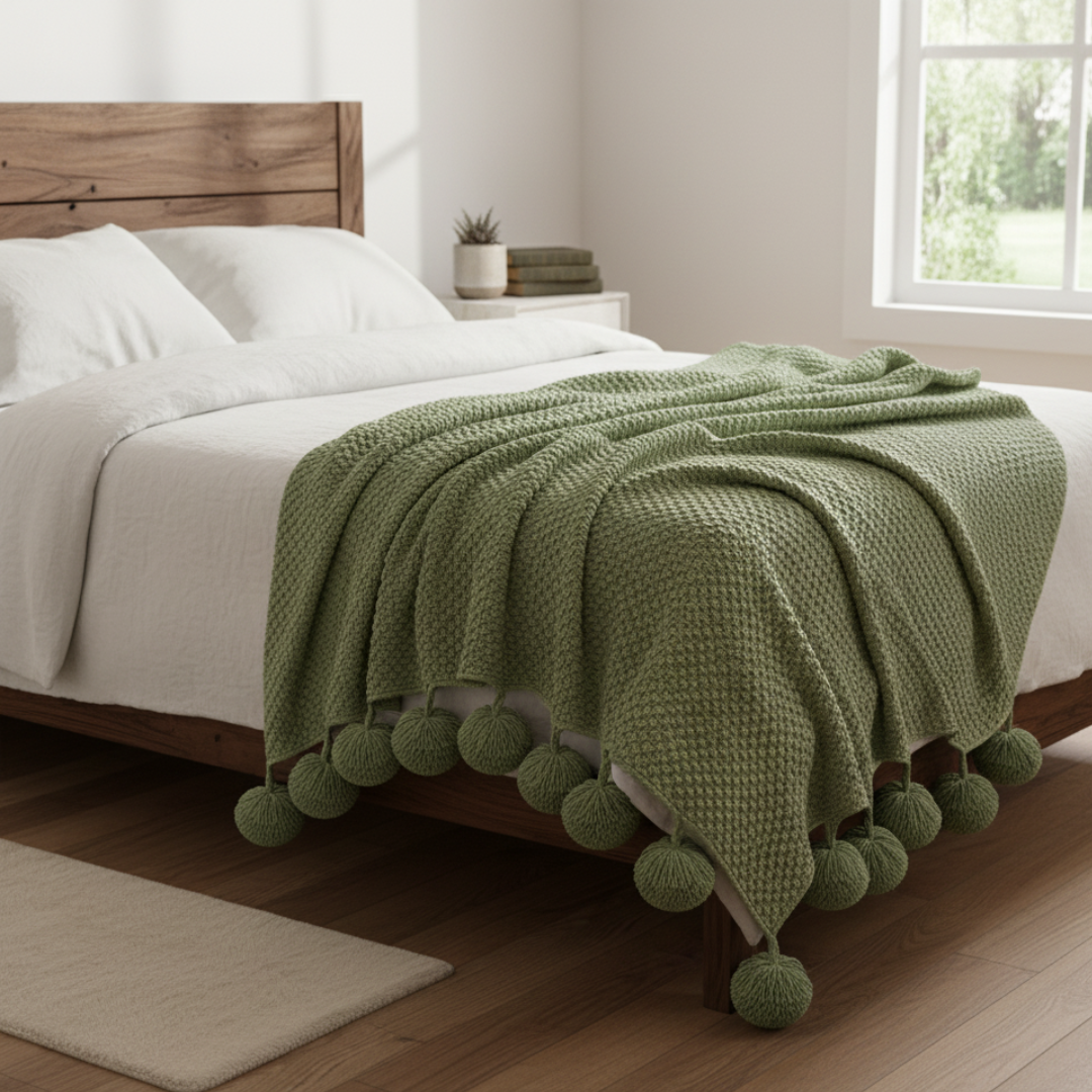 Scandinavian Waffle Knit Throw Blanket with Playful Pom Pom Tassels