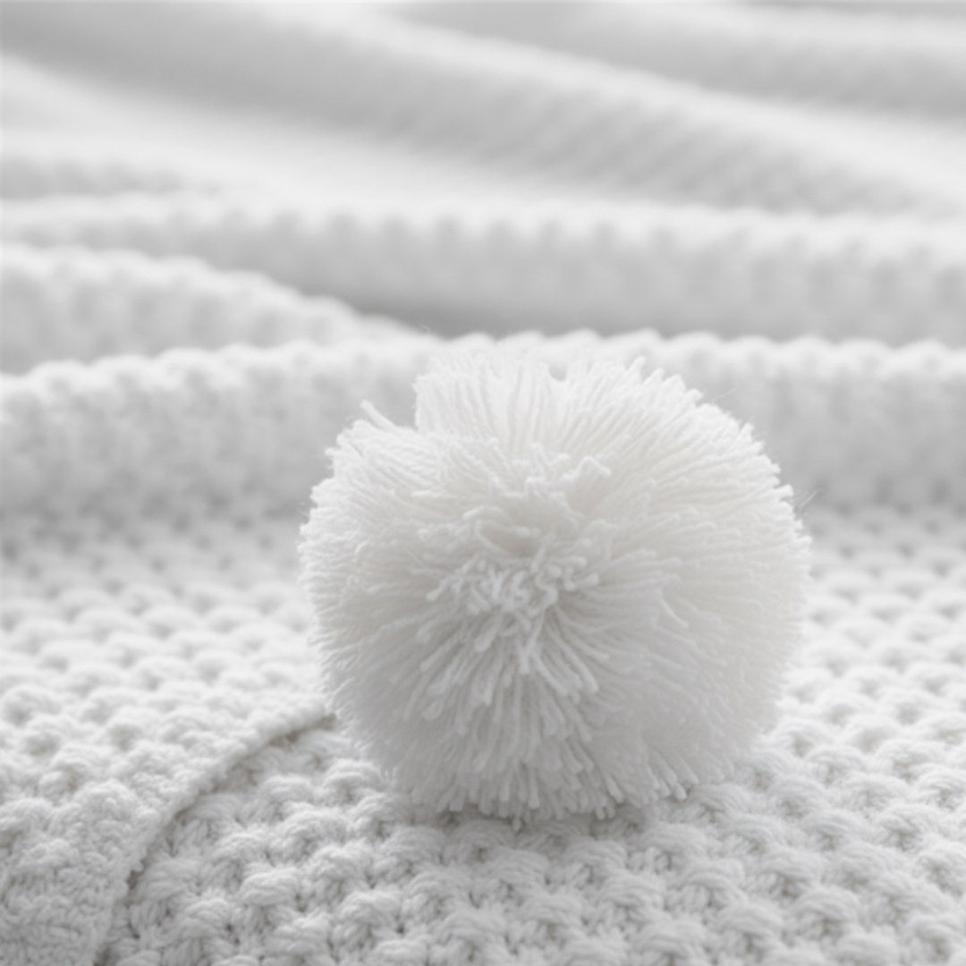 Scandinavian Waffle Knit Throw Blanket with Playful Pom Pom Tassels