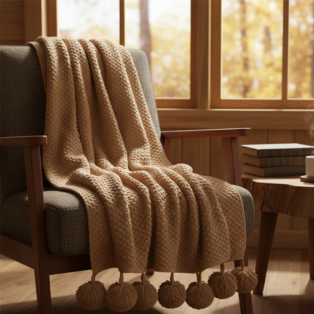Scandinavian Waffle Knit Throw Blanket with Playful Pom Pom Tassels