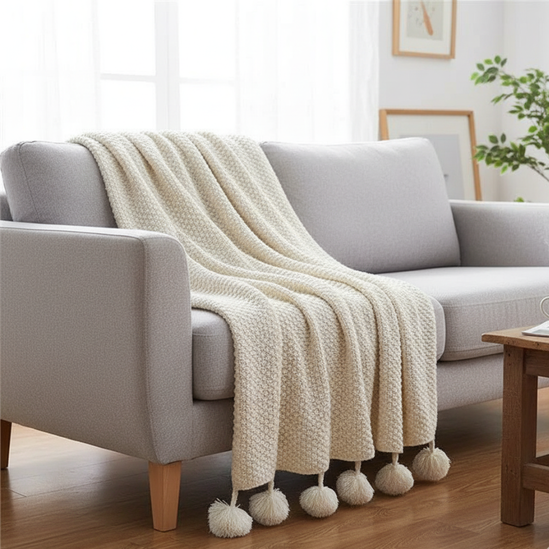Scandinavian Waffle Knit Throw Blanket with Playful Pom Pom Tassels