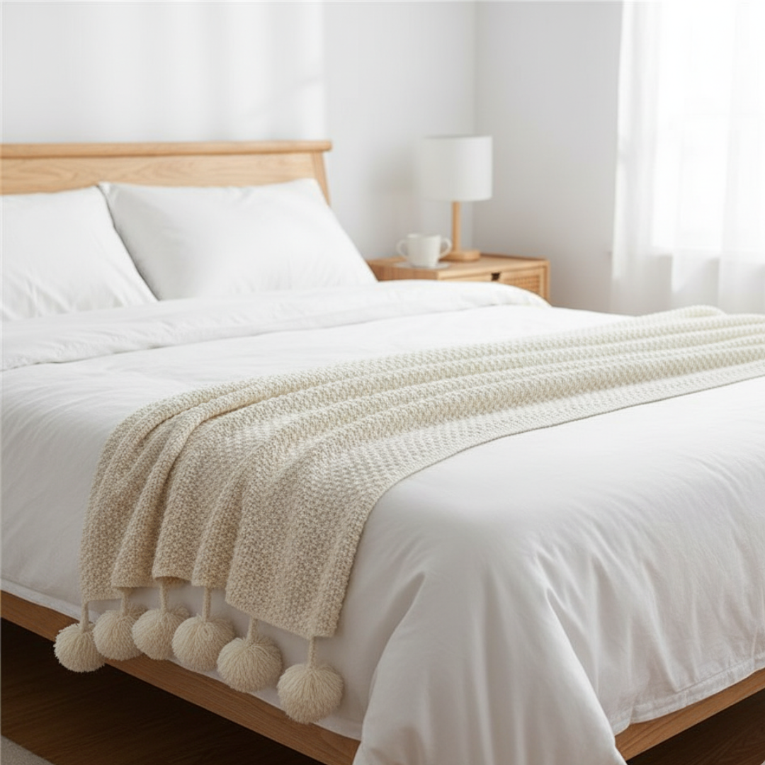 Scandinavian Waffle Knit Throw Blanket with Playful Pom Pom Tassels