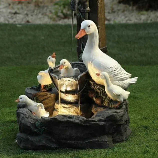Solar Powered Garden Fountain Statue | Duck & Squirrel Decor with LED Light