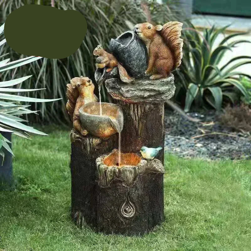 Solar Powered Garden Fountain Statue | Duck & Squirrel Decor with LED Light