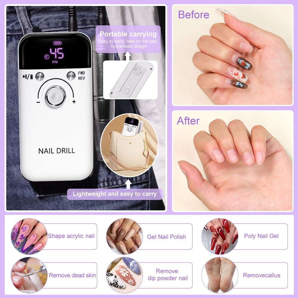 Nail Drill 45000 RPM Rechargeable Electric File for Acrylic Gel