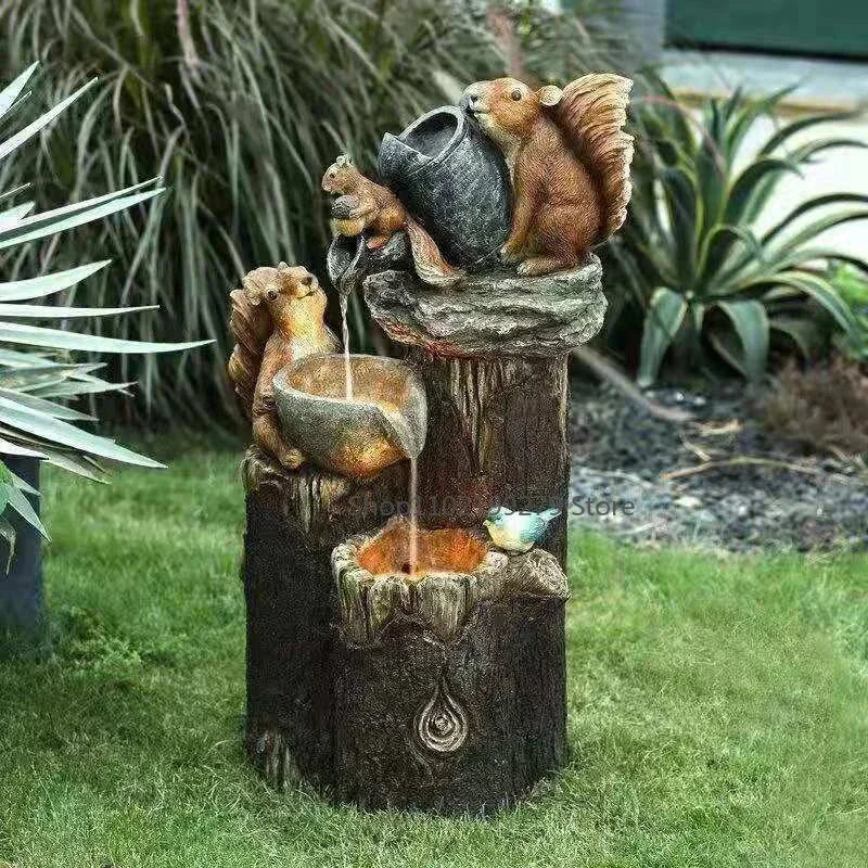 Solar Powered Garden Fountain Statue | Duck & Squirrel Decor with LED Light