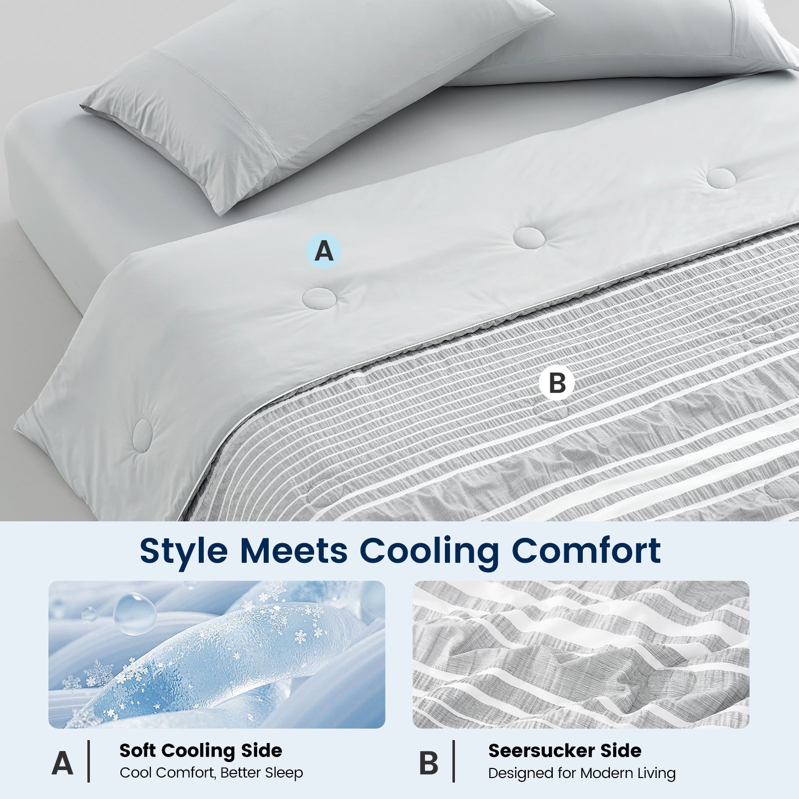 Seersucker Cooling Comforter – Lightweight Striped Breathable Summer Duvet for Hot Sleepers, Queen & King