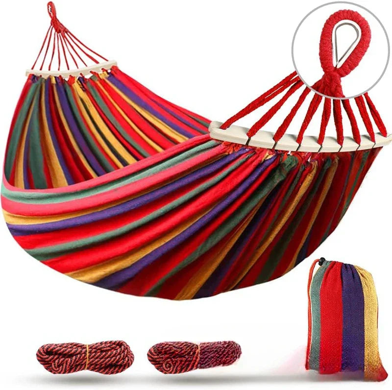 Portable Double Canvas Hammock with Anti-Roll Wooden Spreader Bars