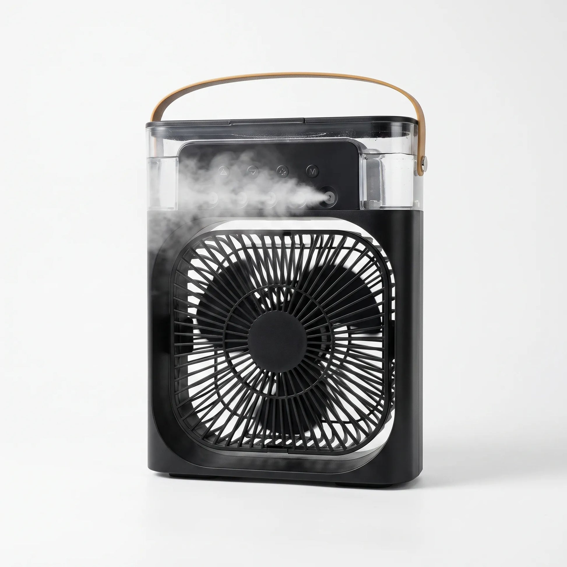 Misting desk fan blowing cool air