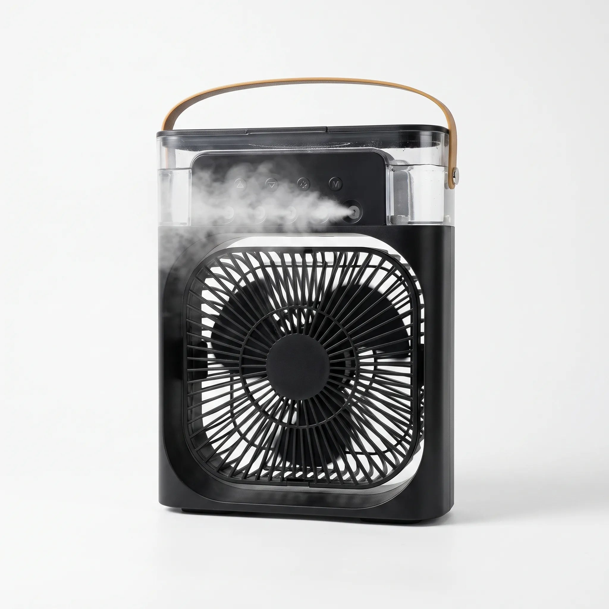 Misting desk fan blowing cool air