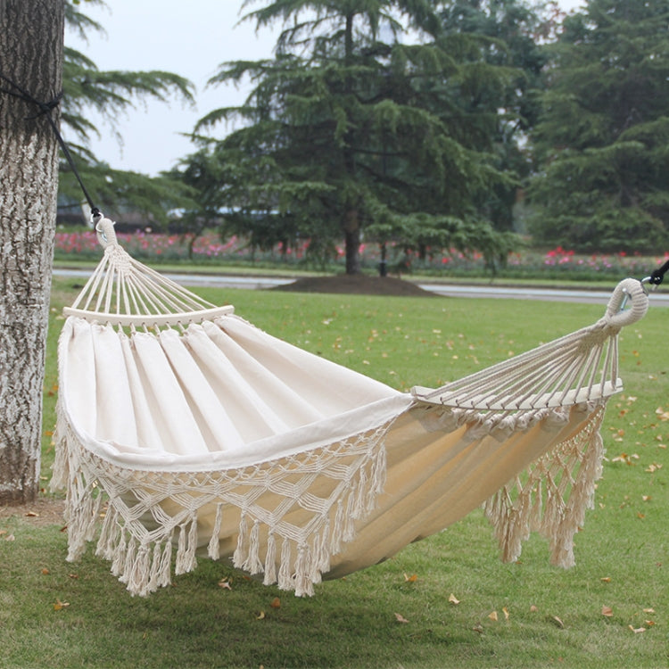 Double White Fringe Canvas Outdoor Hammock with Spreader Pole