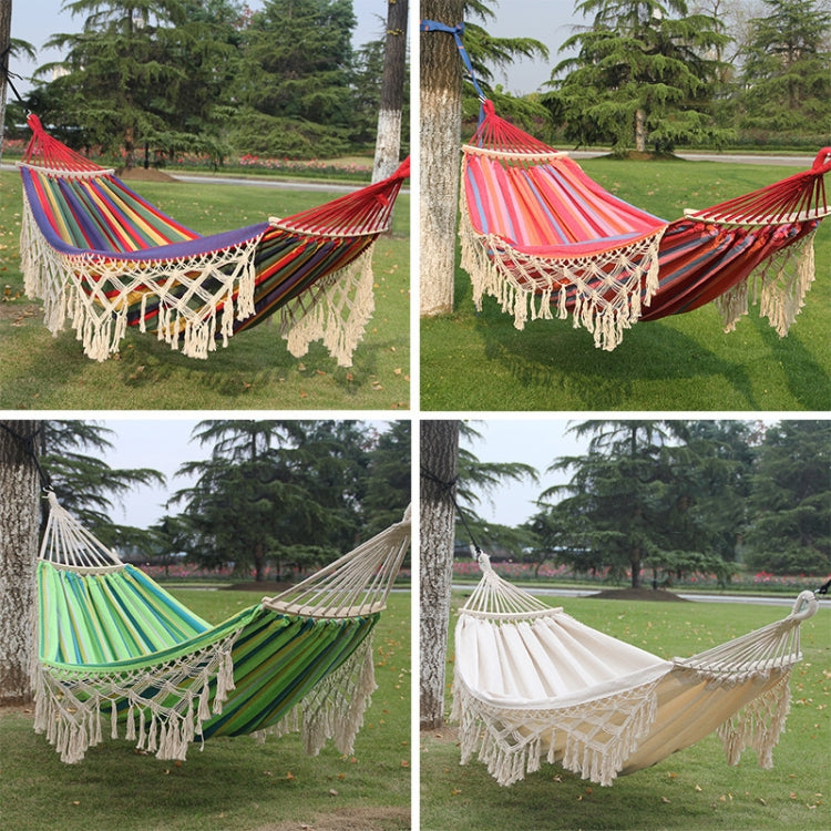 Double White Fringe Canvas Outdoor Hammock with Spreader Pole