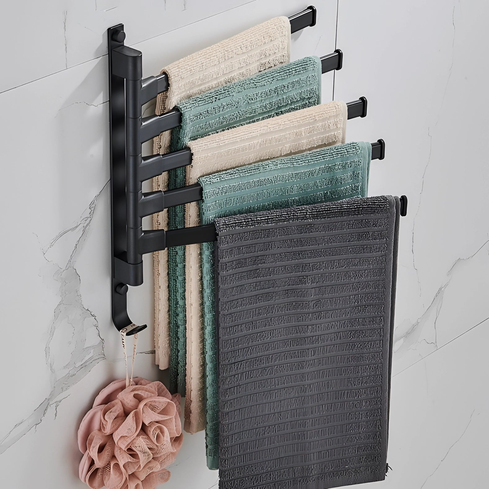 Black Wall-Mounted Towel Rack with 5 Swivel Arms for Space-Saving