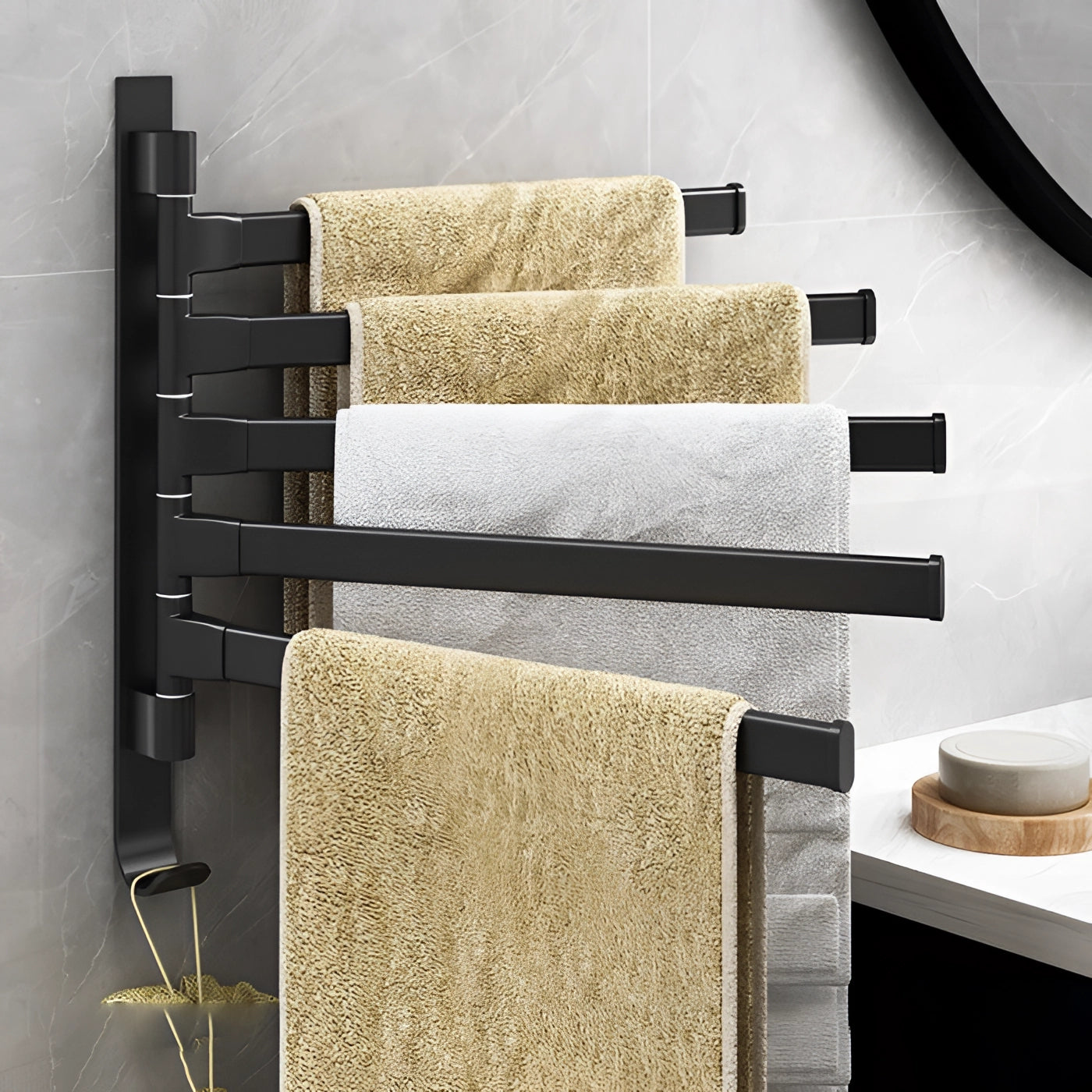 Black Wall-Mounted Towel Rack with 5 Swivel Arms for Space-Saving