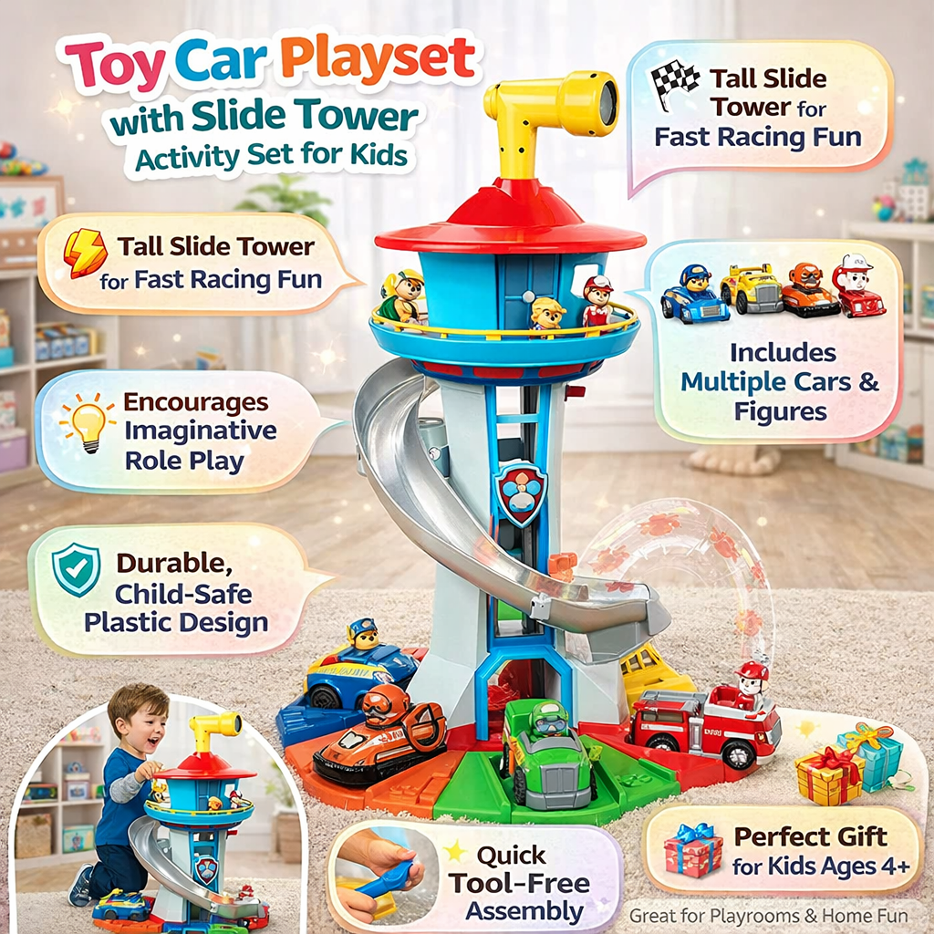 Interactive Kids Car Ramp Toy with Slide Tower and Race Track Playset