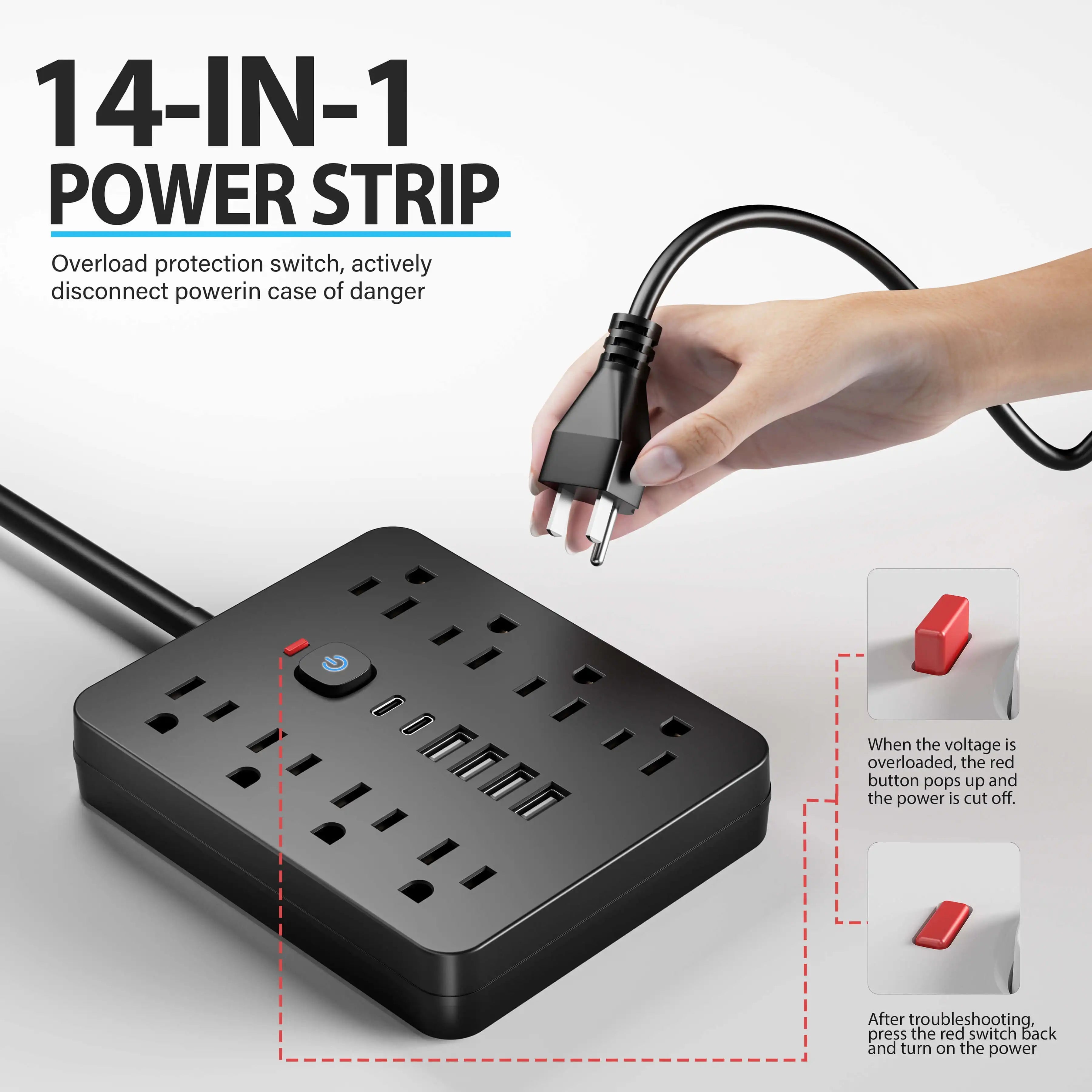Versatile Power Hub Surge Protector – Power Strip with 8 AC Outlets & 4 USB Ports for Home & Office Charging