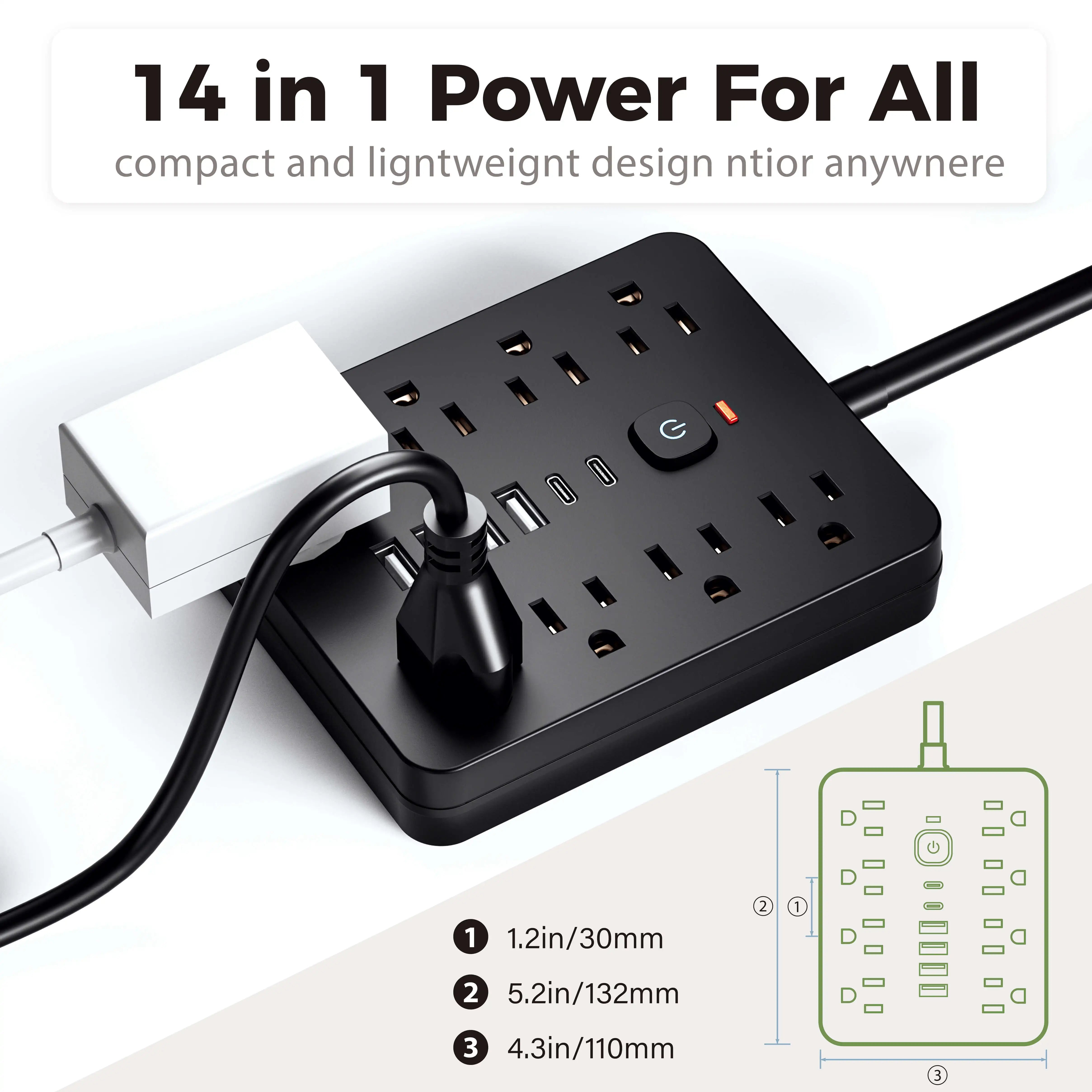 Versatile Power Hub Surge Protector – Power Strip with 8 AC Outlets & 4 USB Ports for Home & Office Charging