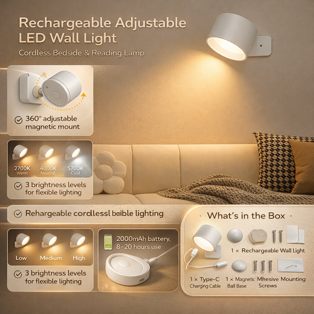 Magnetic LED Wall Sconce | Cordless Rechargeable Reading Lamp