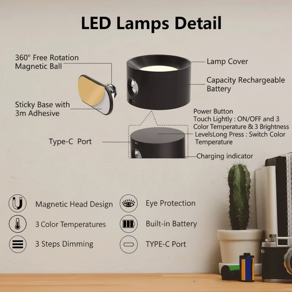 Magnetic LED Wall Sconce | Cordless Rechargeable Reading Lamp