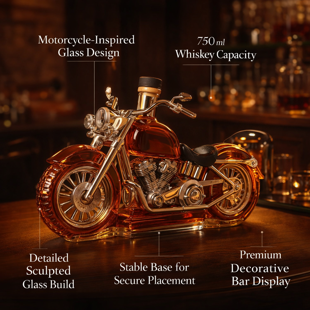 Motorcycle Whiskey Decanter | Biker Gift Glass Liquor Carafe Barware