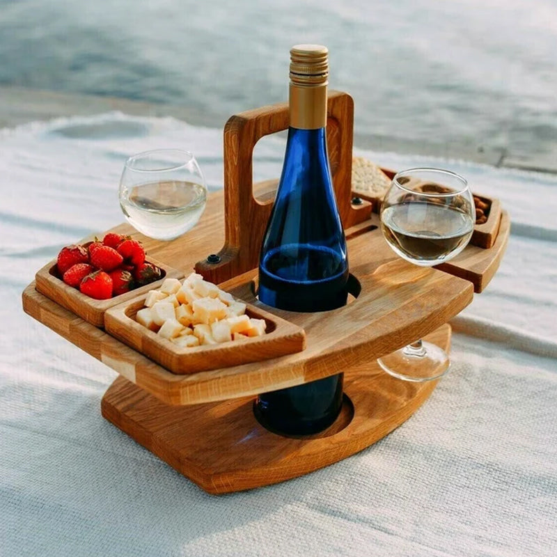 Folding Wooden Picnic Table | Portable Wine Table & Glass Holder