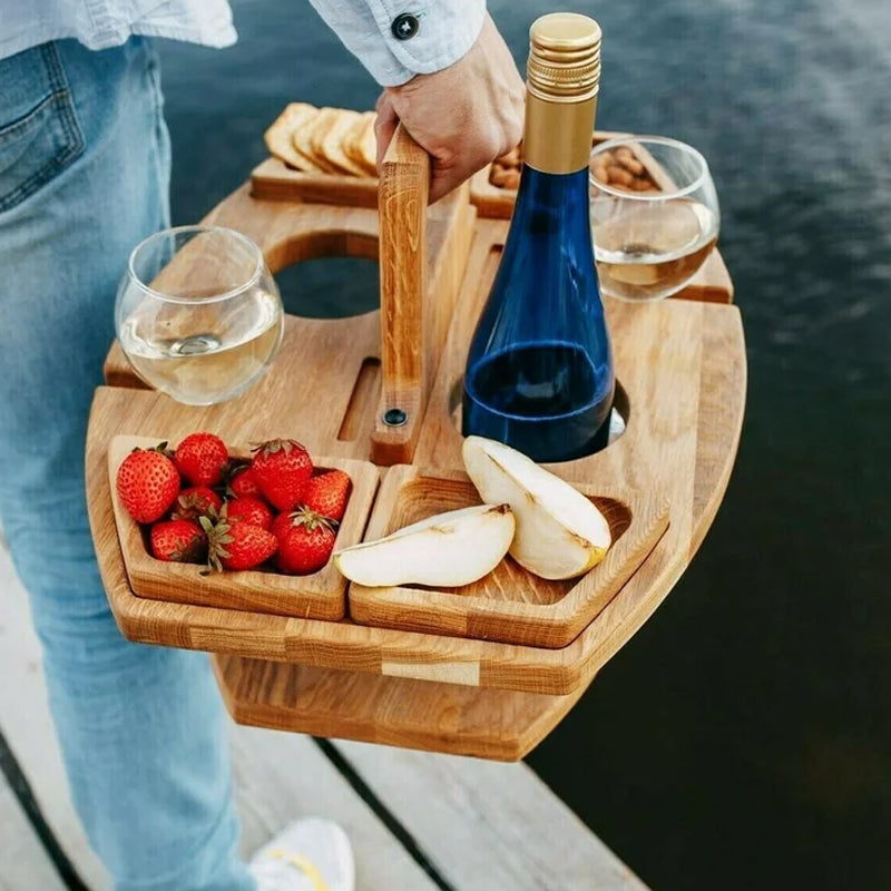 Folding Wooden Picnic Table | Portable Wine Table & Glass Holder