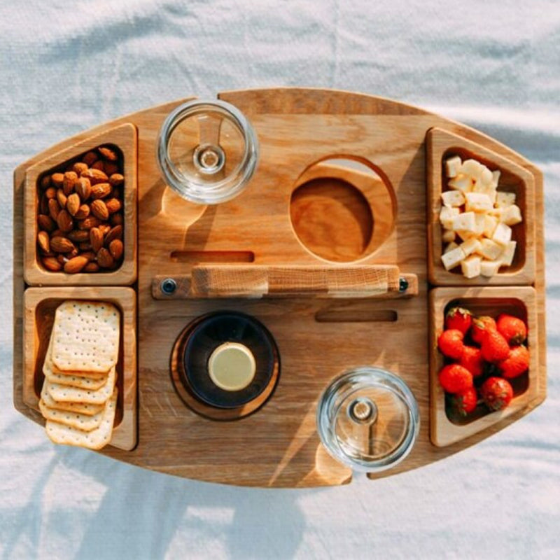 Folding Wooden Picnic Table | Portable Wine Table & Glass Holder