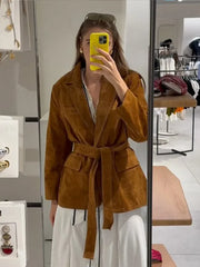 Women's Suede Belted Coat | Long Sleeve Lapel Jacket with Pockets, Autumn Fashion