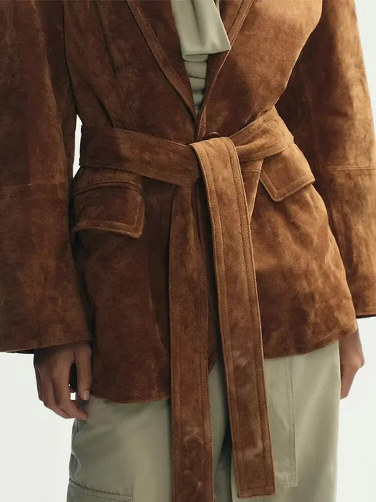Women's Suede Belted Coat | Long Sleeve Lapel Jacket with Pockets, Autumn Fashion