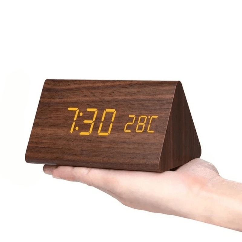 Smart Wooden LED Alarm Clock – Voice Control and Adjustable Brightness for Modern Home Convenience