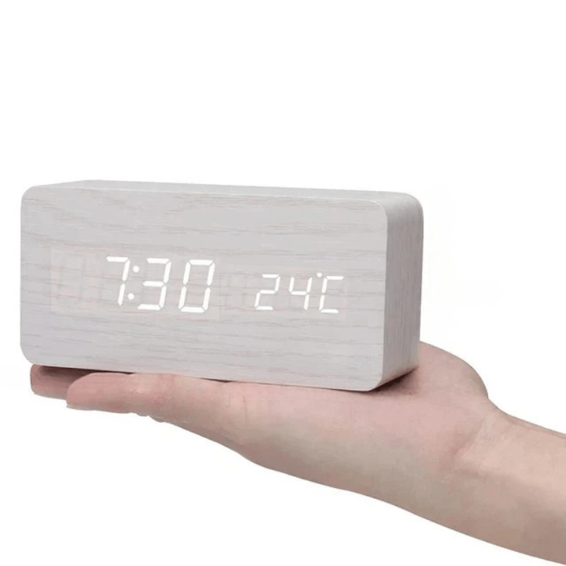 Smart Wooden LED Alarm Clock – Voice Control and Adjustable Brightness for Modern Home Convenience