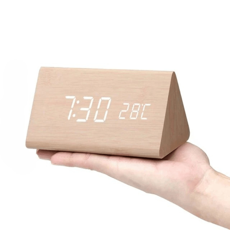Smart Wooden LED Alarm Clock – Voice Control and Adjustable Brightness for Modern Home Convenience