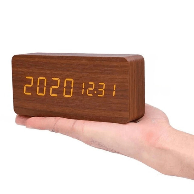 Smart Wooden LED Alarm Clock – Voice Control and Adjustable Brightness for Modern Home Convenience