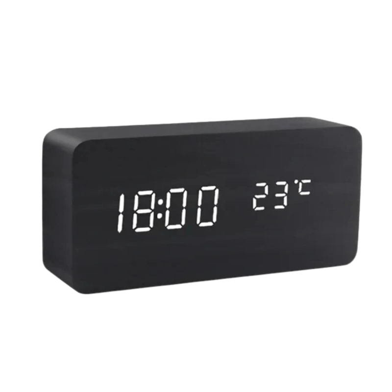 Smart Wooden LED Alarm Clock – Voice Control and Adjustable Brightness for Modern Home Convenience