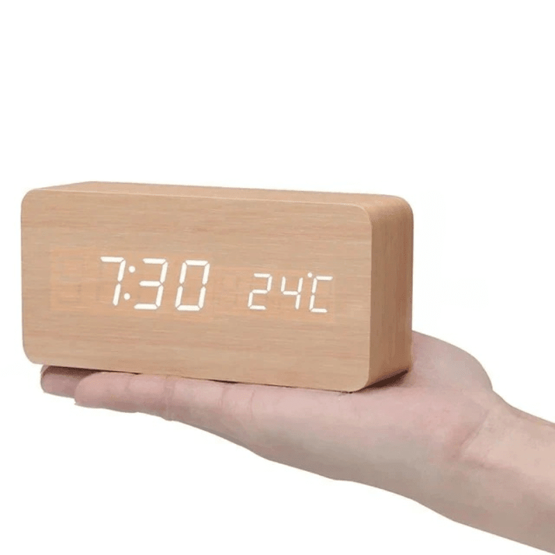 Smart Wooden LED Alarm Clock – Voice Control and Adjustable Brightness for Modern Home Convenience