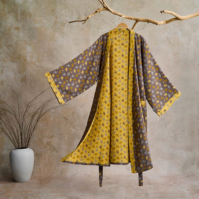 AeroLuma Reversible Kimono Bathrobe in Organic Cotton – Two-Color Breathable Robe with Ginkgo Motif