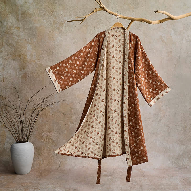 AeroLuma Reversible Kimono Bathrobe in Organic Cotton – Two-Color Breathable Robe with Ginkgo Motif