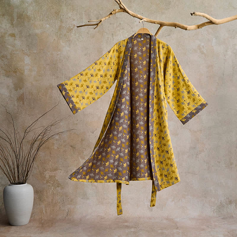 AeroLuma Reversible Kimono Bathrobe in Organic Cotton – Two-Color Breathable Robe with Ginkgo Motif