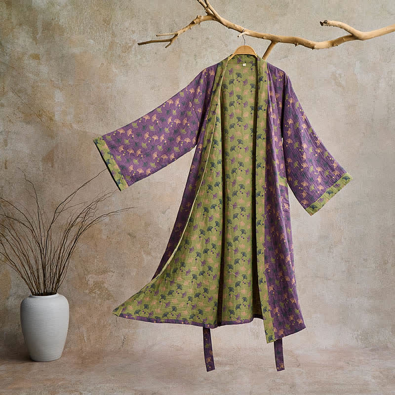 AeroLuma Reversible Kimono Bathrobe in Organic Cotton – Two-Color Breathable Robe with Ginkgo Motif