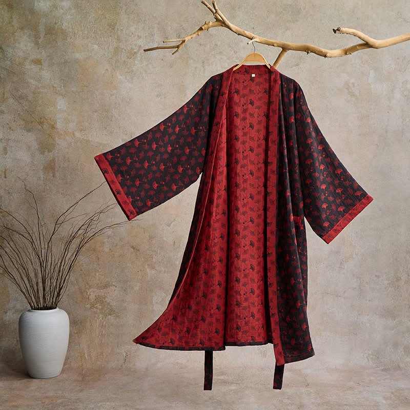 AeroLuma Reversible Kimono Bathrobe in Organic Cotton – Two-Color Breathable Robe with Ginkgo Motif