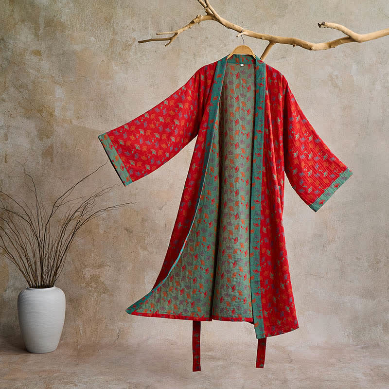 AeroLuma Reversible Kimono Bathrobe in Organic Cotton – Two-Color Breathable Robe with Ginkgo Motif