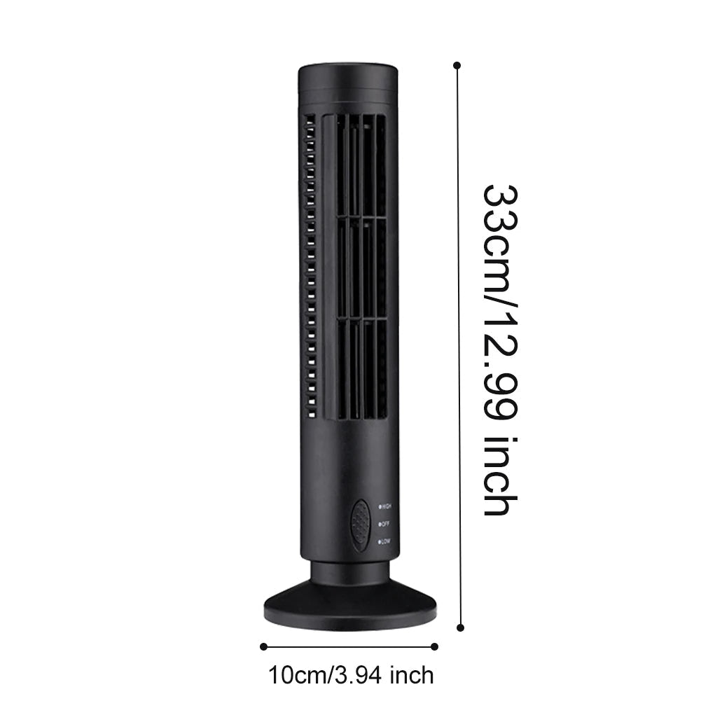 Bladeless mini tower fan on a desk
