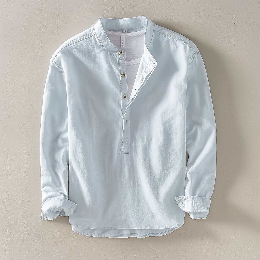 Comfortable Men's Long Sleeve Henley Shirt with Band Collar – Casual Roll-Up Sleeve Top for Everyday Layering