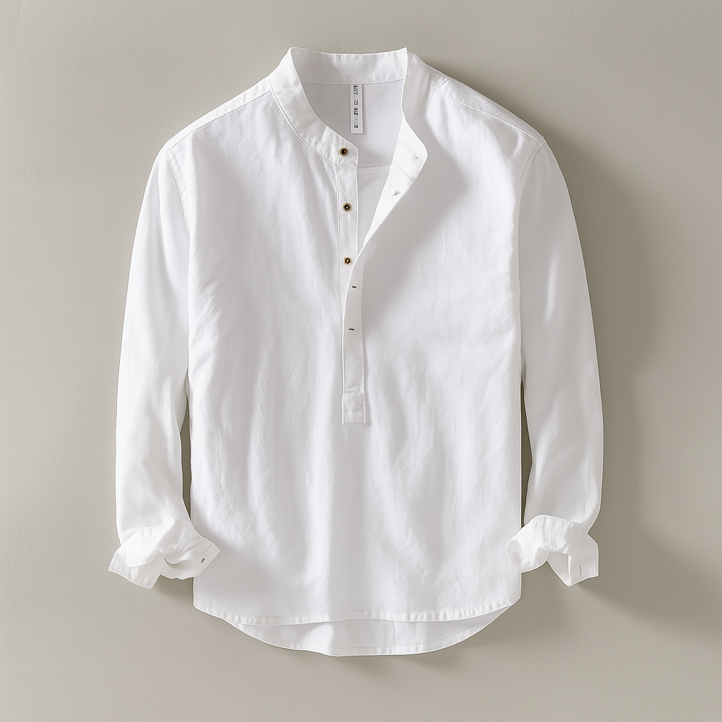 Comfortable Men's Long Sleeve Henley Shirt with Band Collar – Casual Roll-Up Sleeve Top for Everyday Layering