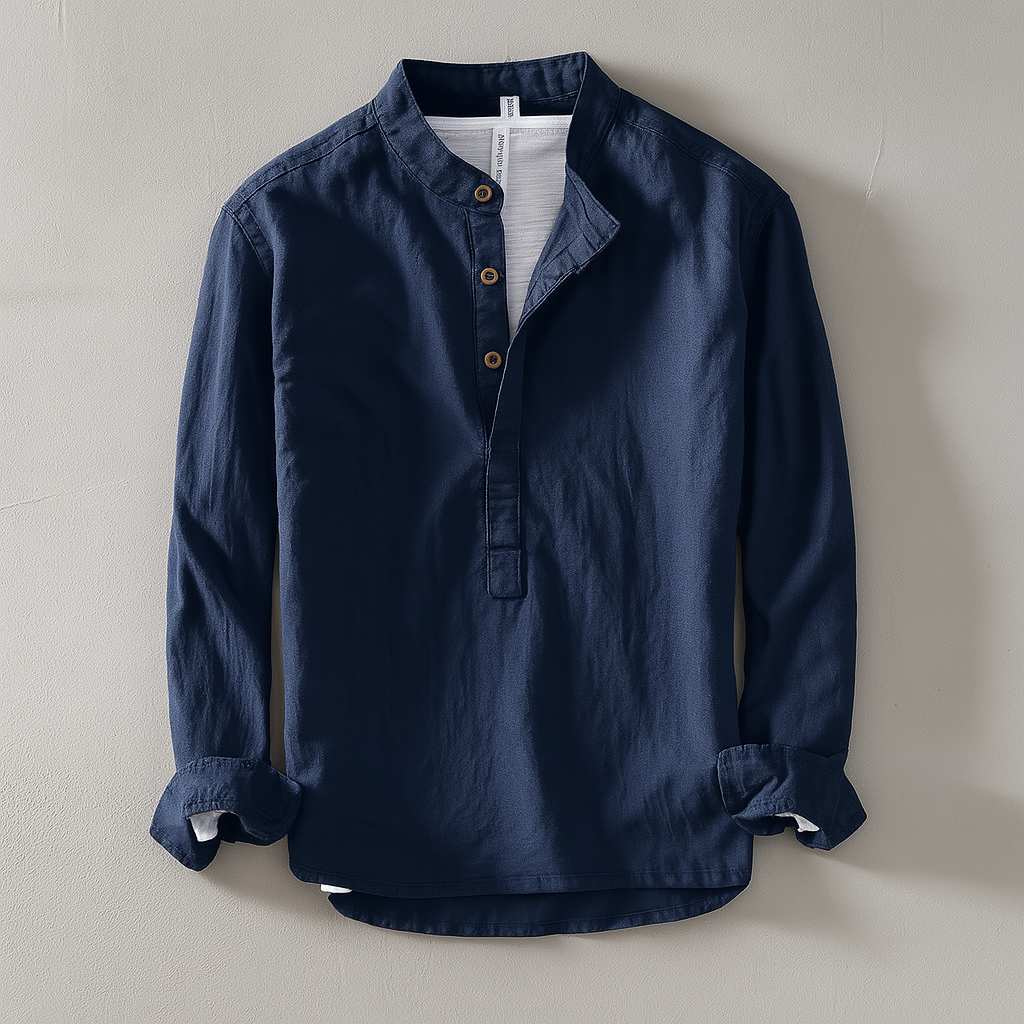 Comfortable Men's Long Sleeve Henley Shirt with Band Collar – Casual Roll-Up Sleeve Top for Everyday Layering