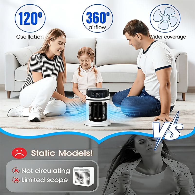 Portable fan on bedside table
